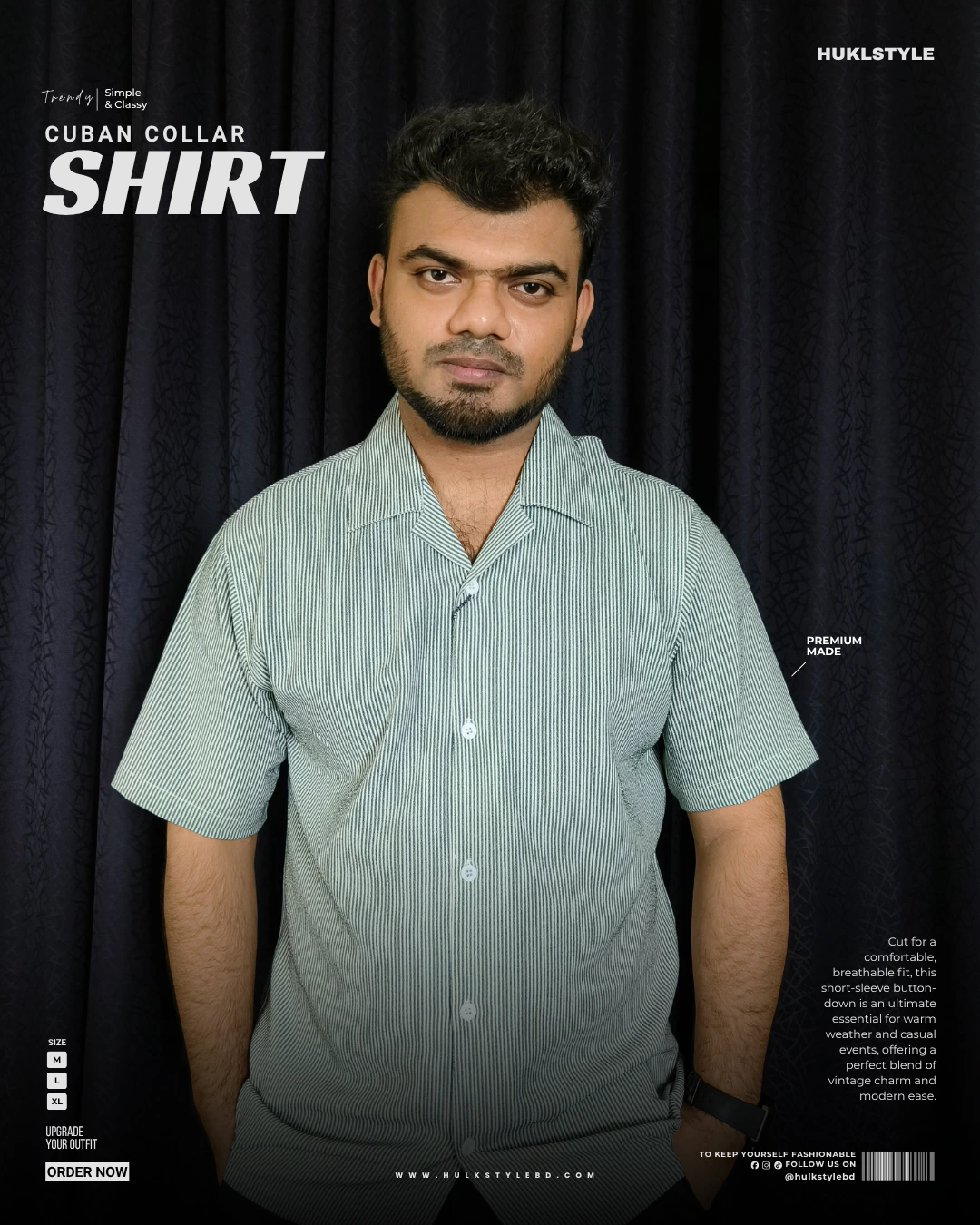 Gray Striped Cuban Collar Shirt