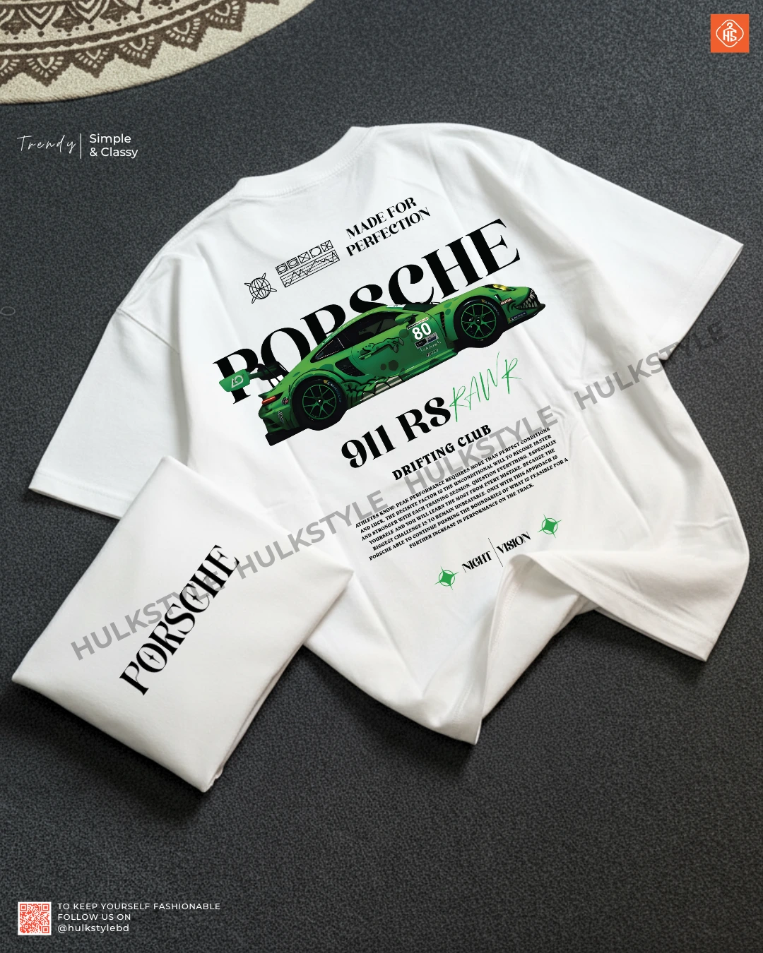 Porsche Green 911 RS Drop Shoulder White T-shirt