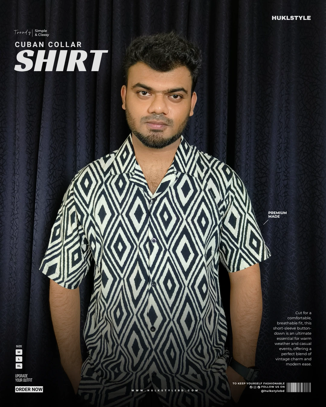 Black White Pattern Cuban Collar Shirt