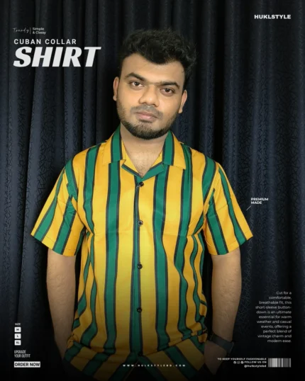 Yellow and Green Vertical Stripe Cuban Collar Shirt