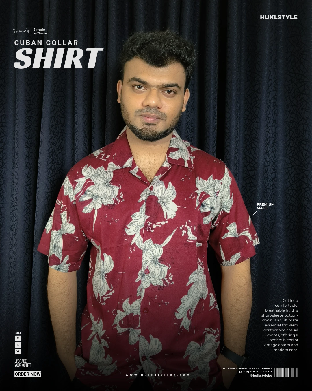 Maroon Floral Print Cuban Collar Shirt