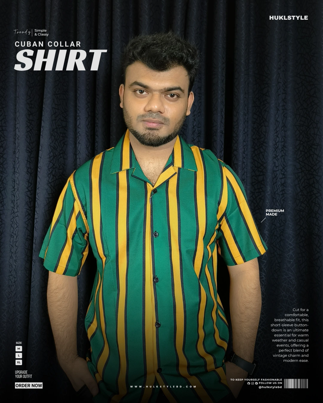 Gold & Green Bold Stripe Cuban Collar Shirt