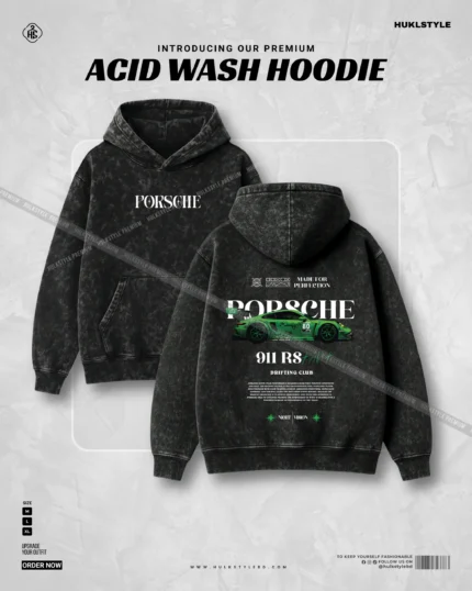 Vintage Acid Wash Porsche Graphic Hoodie - Oversized Streetwear Fit