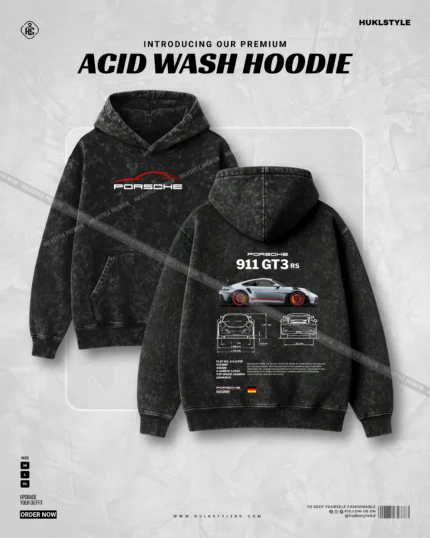 Premium Acid Wash Hoodie with Porsche 911 GT3 RS Blueprint Graphic
