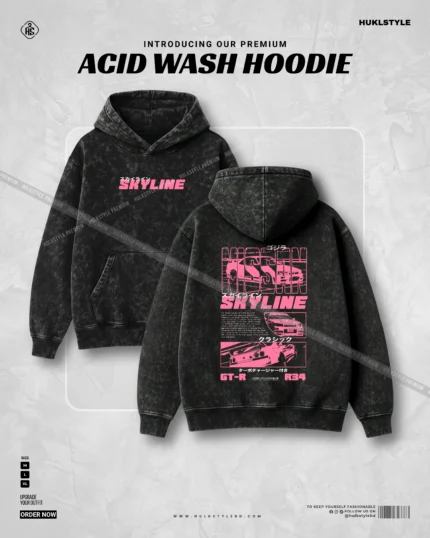 Hulkstyle Skyline R34 Pink Graphic Acid Wash Hoodie