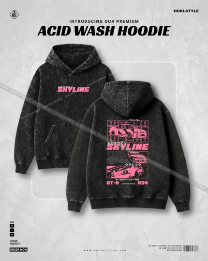 Hulkstyle Skyline R34 Pink Graphic Acid Wash Hoodie