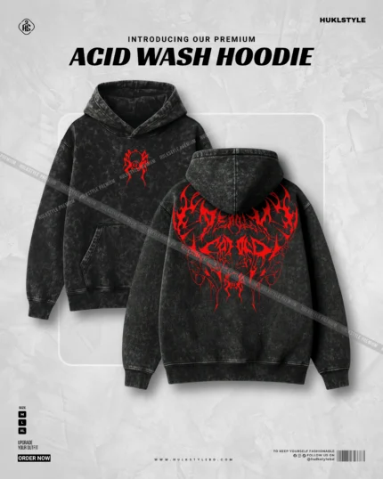 Hulkstyle Oversized Acid Wash Hoodie with Fiery Red Gothic Back Graphic