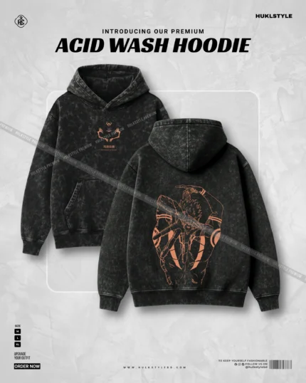 Hulkstyle Ryomen Sukuna Orange Graphic Acid Wash Hoodie