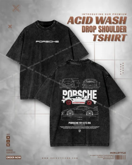 Premium Porsche Graphic Tee - Acid Wash Drop Shoulder Tshirt for Men