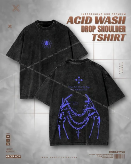 Acid Wash Drop Tee - Celestial Graphic Drop Shoulder Tshirt for Men