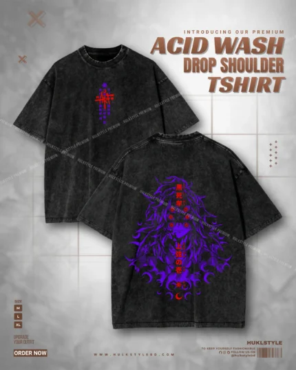 Demon Slayer Acid Wash Tee - Vintage Anime Drop Shoulder Tshirt