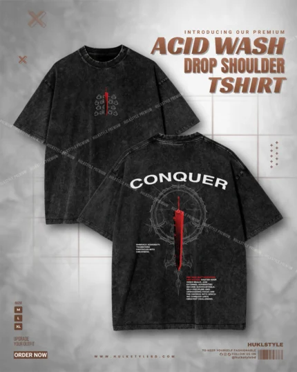 Premium Conquer Acid Wash Tee - Motivational Drop Shoulder Tshirt