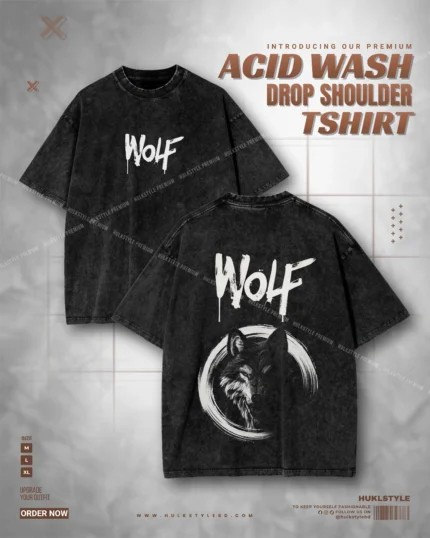 Acid Wash Drop Tee - Wolf Graphic Drop Shoulder Tshirt for Men