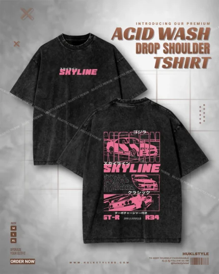 Premium Skyline R34 Acid Wash Tee - Drop Shoulder Tshirt for Men