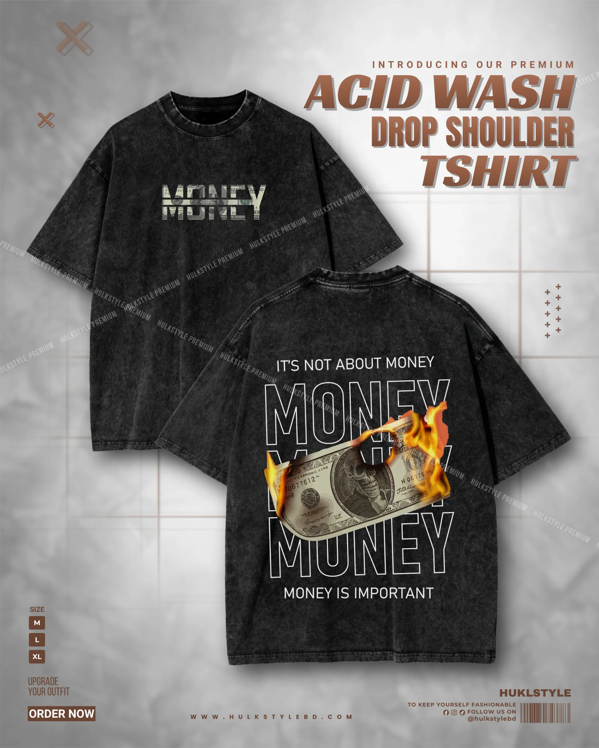 Money Is Important Graphic Acid Wash Drop Shoulder Tshirt for Men