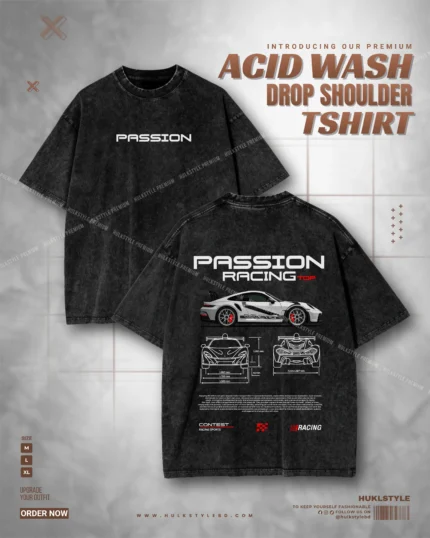 Passion Racing Acid Wash Tee - Vintage Motorsport Drop Shoulder Tshirt