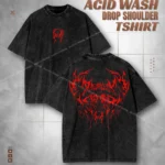 Premium Fiery Red Gothic Acid Wash Tee - Dark Aesthetic Drop Shoulder Tshirt