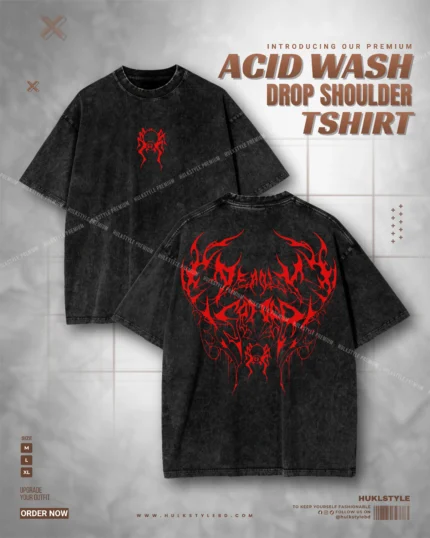 Premium Fiery Red Gothic Acid Wash Tee - Dark Aesthetic Drop Shoulder Tshirt