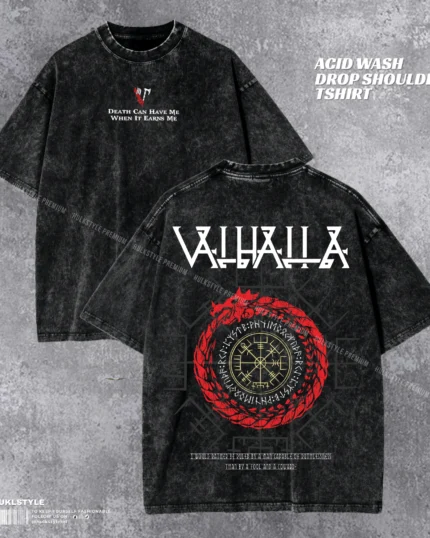 Acid Wash Drop Tee - Valhalla Viking Graphic Drop Shoulder Tshirt for Men