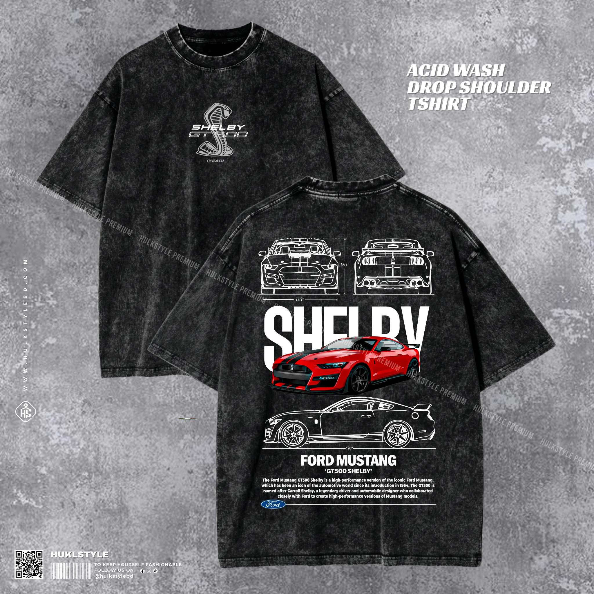 Ford Mustang Shelby Acid Wash T-shirt | GT500 Drop Shoulder Tee | HulkstyleBD Ford Mustang Shelby Acid Wash T-shirt | GT500 Drop Shoulder Tee | HulkstyleBD