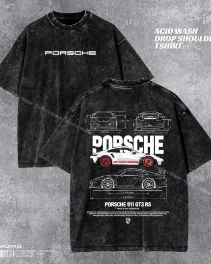 Porsche White 911 Acid Wash T-shirt | Vintage 911 Drop Shoulder | HulkstyleBD