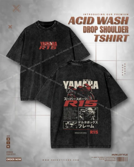 Acid Wash Drop Tee - Yamaha R15 Graphic Drop Shoulder Tshirt for Men