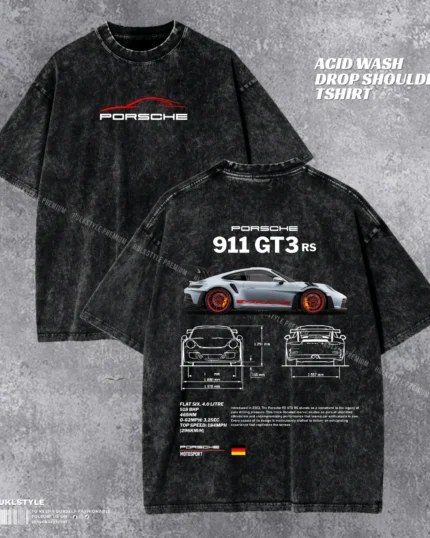 Porsche 911 GT3 RS Acid Wash T-shirt | Weissach Aero Drop Shoulder | HulkstyleBD