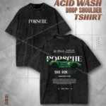Acid Wash Drop Tee - 911 Green Porsche Graphic Drop Shoulder Tshirt for Men