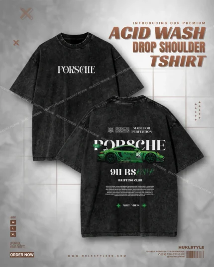Acid Wash Drop Tee - 911 Green Porsche Graphic Drop Shoulder Tshirt for Men