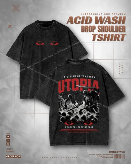 Acid Wash Drop Tee - Utopia Graphic Drop Shoulder Tshirt for Men