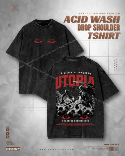 Acid Wash Drop Tee - Utopia Graphic Drop Shoulder Tshirt for Men