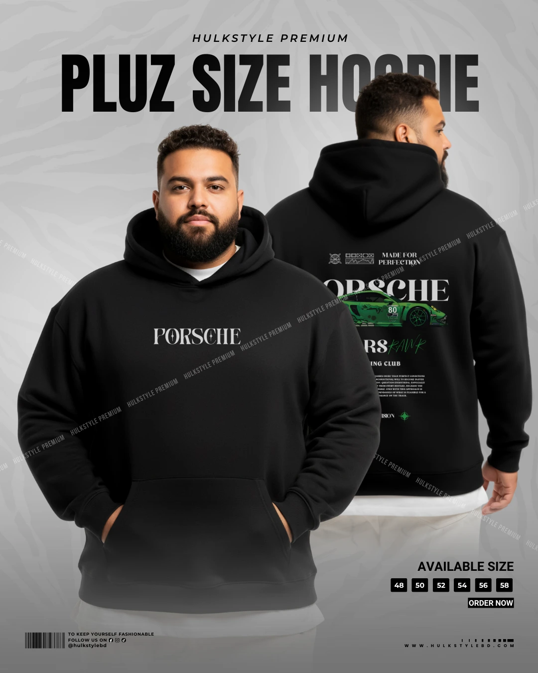 Men's Plus Size Hoodie - Green Porsche Printed