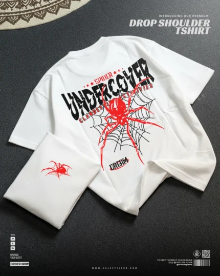 Drop shoulder tshirt for men - Undercover Spider White Premium Oversized streetwear | Hulktylebd