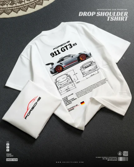 Drop shoulder tshirt for men - 911 Porsche White Premium Oversized streetwear | Hulktylebd