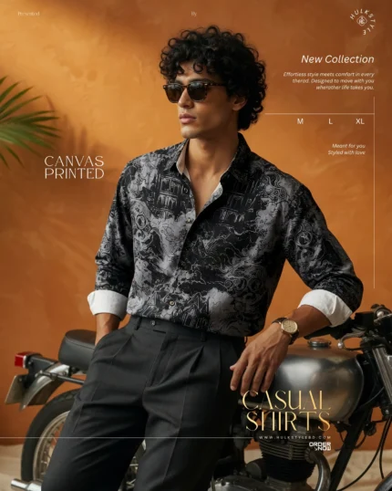 Looking for a summer full sleeve shirt men selection? Get our monochrome gray canvas printed long sleeve shirt in lightweight fancy cotton at HulkStyleBD online!