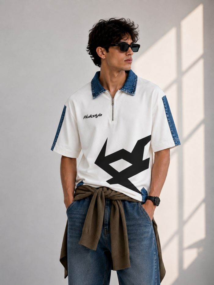 Hulkstyle Denim Collar Polo T Shirt – Loose Fit Quarter Zip Polo T-Shirt - Image 2