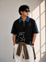 Buy I Don't Care Denim Collar Polo T Shirt (Black Edition) - Image 2