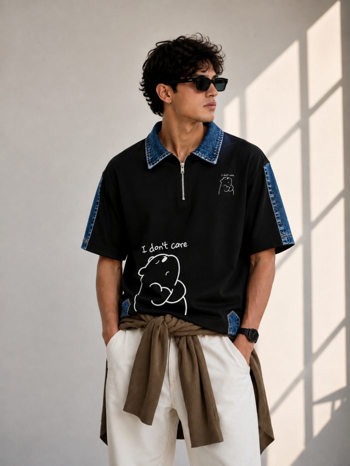 Buy I Don't Care Denim Collar Polo T Shirt (Black Edition) - Image 2