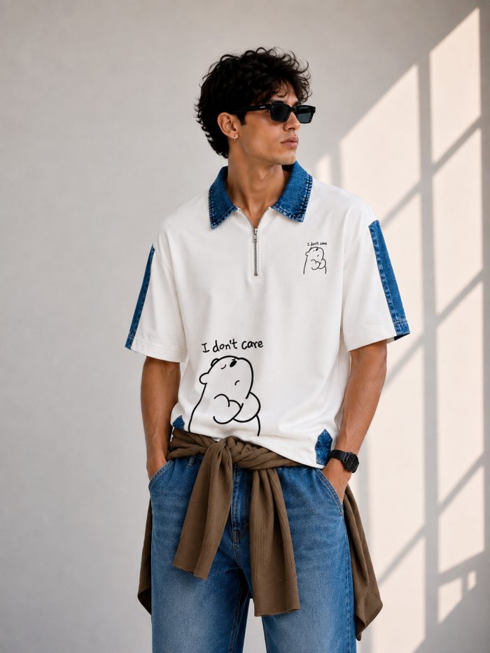I Don’t Care Denim Collar Polo T Shirt: Premium Casual Polo T Shirt (White Edition) - Image 2