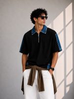 Buy Polo T Shirt for Men: Stylish Denim Collar Zipper Polo - Image 4