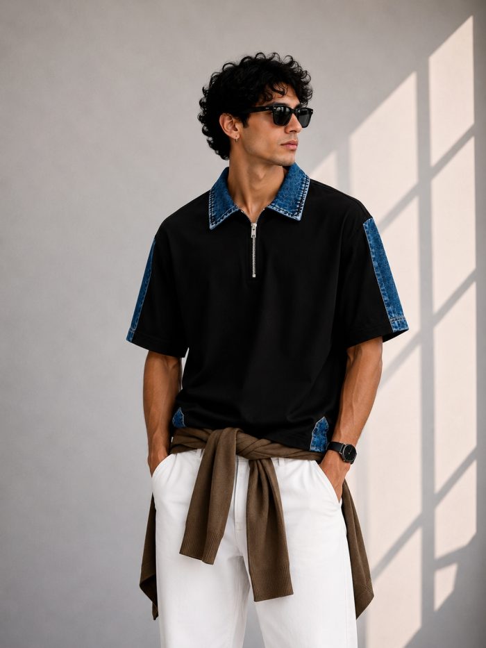 Buy Polo T Shirt for Men: Stylish Denim Collar Zipper Polo - Image 4